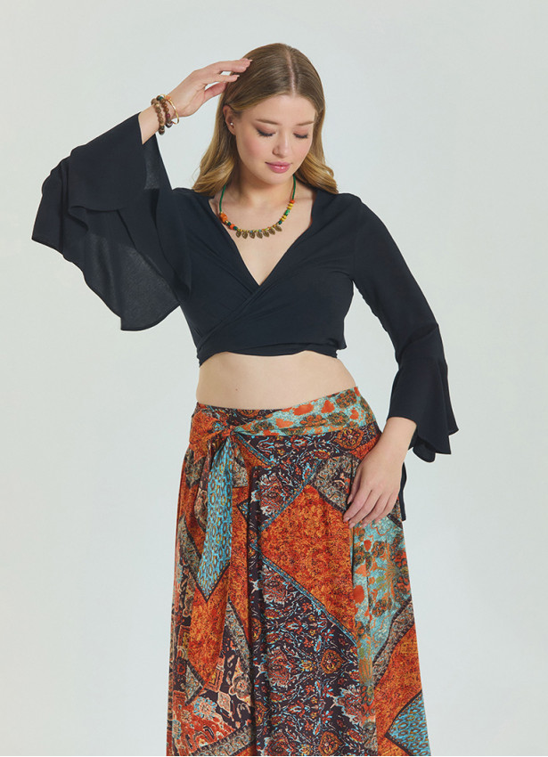 Tied Spanish Sleeve Black Plus Size Blouse 4623